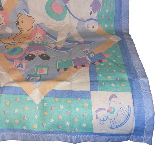 Vintage 1980's Satin Trim Blanket Rocking Horse Bear Doll Train Blocks Excellent - Picture 5 of 10